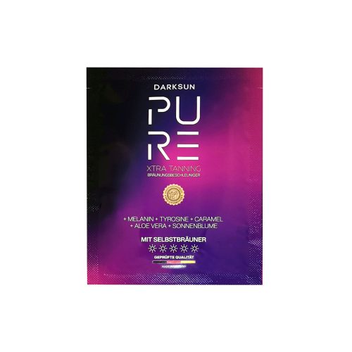 Pure Xtra Tanning M-Tyrosine Caramel 15ml soliariumo kremas - juoda-violetinė pereinančių spalvų pakuotė, su M-tirozinu, melaninu, karamele, saulėgrąžų aliejumi ir alavijais intensyviam įdegiui su natūraliu atspalviu ir odos drėkinimu