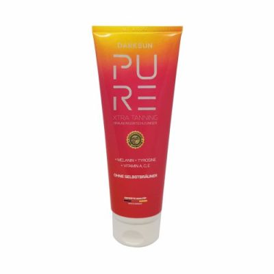 Pure Xtra Tanning M-Tyrosine Vitamin A C E 125ml soliariumo kremas - raudona-geltona pereinančių spalvų pakuotė, su M-tirozinu, melaninu ir vitaminais A, C, E natūraliam intensyviam įdegiui ir odos apsaugai nuo senėjimo