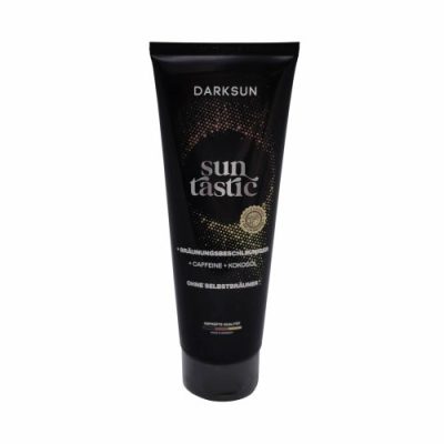 Darksun Sun Tastic C-Cocos Oil 125ml soliariumo kremas - juoda pakuotė su geltonai oranžiniu taškiniu apskritimu, praturtintas kofeinu ir kokosų aliejumi bei kitais augaliniais aliejais (kanapių, persikų, graikinių riešutų, saulėgrąžų) intensyviam ir ilgalaikiam įdegiui