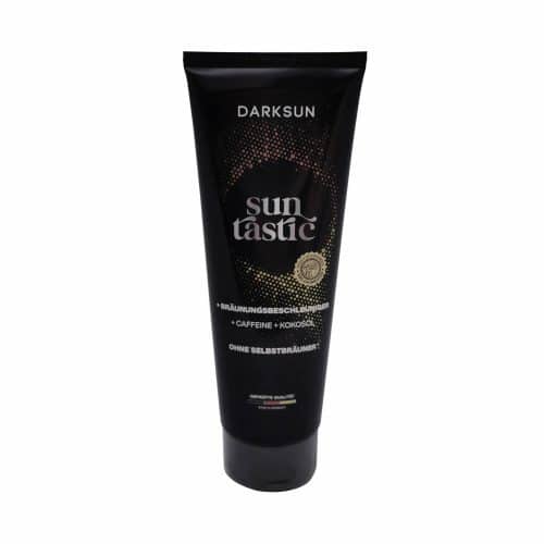 Darksun Sun Tastic C-Cocos Oil 125ml soliariumo kremas - juoda pakuotė su geltonai oranžiniu taškiniu apskritimu, praturtintas kofeinu ir kokosų aliejumi bei kitais augaliniais aliejais (kanapių, persikų, graikinių riešutų, saulėgrąžų) intensyviam ir ilgalaikiam įdegiui