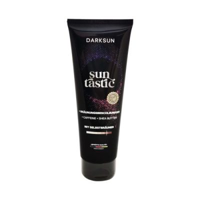Darksun Sun Tastic C-Shea Butter 125ml soliariumo kremas - juoda pakuotė su violetiniu taškiniu apskritimu, praturtintas kofeinu ir taukmedžio sviestu bei augaliniais aliejais (kanapių, persikų, graikinių riešutų, saulėgrąžų) intensyviam ir ilgalaikiam įdegiui