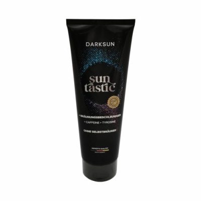 Darksun Sun Tastic C-Tyrosine 125ml soliariumo kremas - juoda pakuotė su mėlynu ir violetiniu taškiniu apskritimu, praturtintas kofeinu ir tirozinu bei augaliniais aliejais (kanapių, persikų, graikinių riešutų, saulėgrąžų) intensyviam ir ilgalaikiam įdegiui
