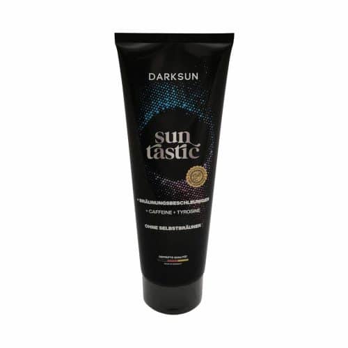 Darksun Sun Tastic C-Tyrosine 125ml soliariumo kremas - juoda pakuotė su mėlynu ir violetiniu taškiniu apskritimu, praturtintas kofeinu ir tirozinu bei augaliniais aliejais (kanapių, persikų, graikinių riešutų, saulėgrąžų) intensyviam ir ilgalaikiam įdegiui