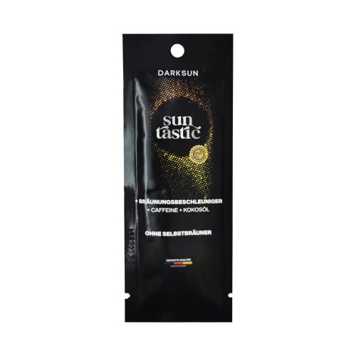Darksun Sun Tastic C-Cocos Oil 15ml soliariumo kremas - juoda pakuotė su geltonai oranžiniu taškiniu apskritimu, praturtintas kofeinu ir kokosų aliejumi bei kitais augaliniais aliejais (kanapių, persikų, graikinių riešutų, saulėgrąžų) intensyviam ir ilgalaikiam įdegiui