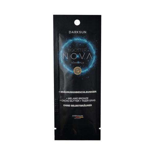 Darksun Booster Nova MB-Cacao Butter 15ml soliariumo kremas - juoda pakuotė su mėlynu šviečiančiu apskritimu, su melanino bronzantu ir kakavos sviestu bei augaliniais aliejais (kanapių, persikų, graikinių riešutų, saulėgrąžų) intensyviam ir ilgalaikiam įdegiui