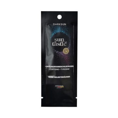 Darksun Sun Tastic C-Tyrosine 15ml soliariumo kremas - juoda pakuotė su mėlynu ir violetiniu taškiniu apskritimu, praturtintas kofeinu ir tirozinu bei augaliniais aliejais (kanapių, persikų, graikinių riešutų, saulėgrąžų) intensyviam ir ilgalaikiam įdegiui