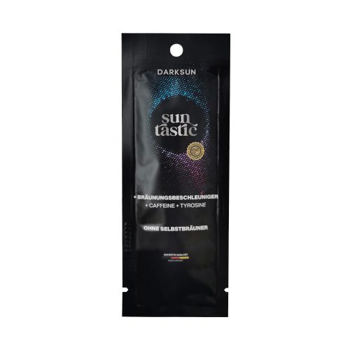 Darksun Sun Tastic C-Tyrosine 15ml soliariumo kremas - juoda pakuotė su mėlynu ir violetiniu taškiniu apskritimu, praturtintas kofeinu ir tirozinu bei augaliniais aliejais (kanapių, persikų, graikinių riešutų, saulėgrąžų) intensyviam ir ilgalaikiam įdegiui