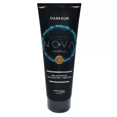 Darksun Booster Nova MB-Cacao Butter 125ml soliariumo kremas - juoda pakuotė su mėlynu šviečiančiu apskritimu, su melanino bronzantu ir kakavos sviestu bei augaliniais aliejais (kanapių, persikų, graikinių riešutų, saulėgrąžų) intensyviam ir ilgalaikiam įdegiui