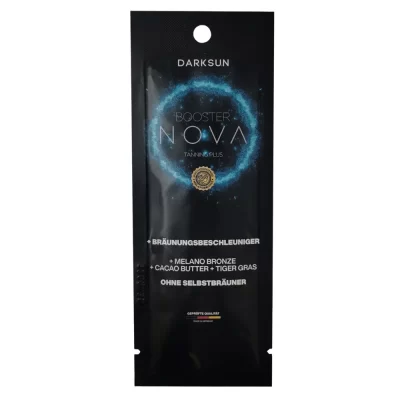 Darksun Booster Nova MB-Cacao Butter 15ml soliariumo kremas - juoda pakuotė su mėlynu šviečiančiu apskritimu, su melanino bronzantu ir kakavos sviestu bei augaliniais aliejais (kanapių, persikų, graikinių riešutų, saulėgrąžų) intensyviam ir ilgalaikiam įdegiui