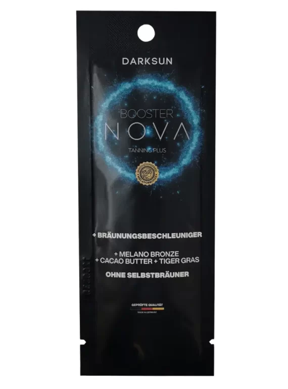 Darksun Booster Nova MB-Cacao Butter 15ml soliariumo kremas - juoda pakuotė su mėlynu šviečiančiu apskritimu, su melanino bronzantu ir kakavos sviestu bei augaliniais aliejais (kanapių, persikų, graikinių riešutų, saulėgrąžų) intensyviam ir ilgalaikiam įdegiui