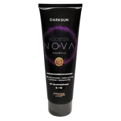 Darksun Booster Nova MB-Parkii Butter 125ml soliariumo kremas - juoda pakuotė su rožiniu šviečiančiu apskritimu, su melanino bronzantu, taukmedžio sviestu, kofeinu, granatų ekstraktu bei augaliniais aliejais intensyviam ir ilgalaikiam įdegiui