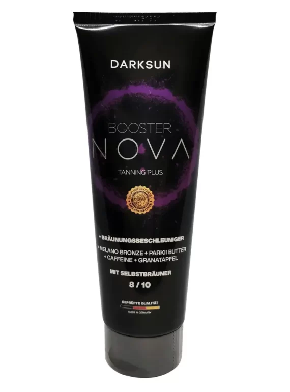 Darksun Booster Nova MB-Parkii Butter 125ml soliariumo kremas - juoda pakuotė su rožiniu šviečiančiu apskritimu, su melanino bronzantu, taukmedžio sviestu, kofeinu, granatų ekstraktu bei augaliniais aliejais intensyviam ir ilgalaikiam įdegiui