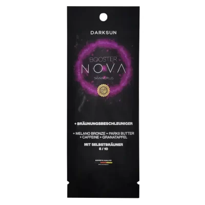 Darksun Booster Nova MB-Parkii Butter 15ml soliariumo kremas - juoda pakuotė su rožiniu šviečiančiu apskritimu, su melanino bronzantu, taukmedžio sviestu, kofeinu, granatų ekstraktu bei augaliniais aliejais intensyviam ir ilgalaikiam įdegiui