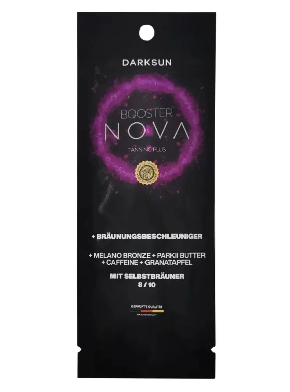 Darksun Booster Nova MB-Parkii Butter 15ml soliariumo kremas - juoda pakuotė su rožiniu šviečiančiu apskritimu, su melanino bronzantu, taukmedžio sviestu, kofeinu, granatų ekstraktu bei augaliniais aliejais intensyviam ir ilgalaikiam įdegiui