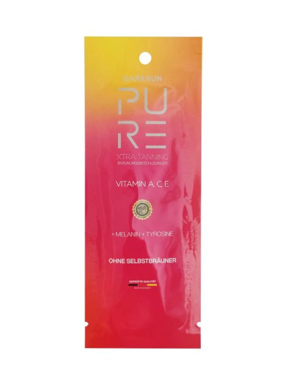 Pure Xtra Tanning M-Tyrosine Vitamin A C E 15ml soliariumo kremas - raudona-geltona pereinančių spalvų pakuotė, su M-tirozinu, melaninu ir vitaminais A, C, E natūraliam intensyviam įdegiui ir odos apsaugai nuo senėjimo