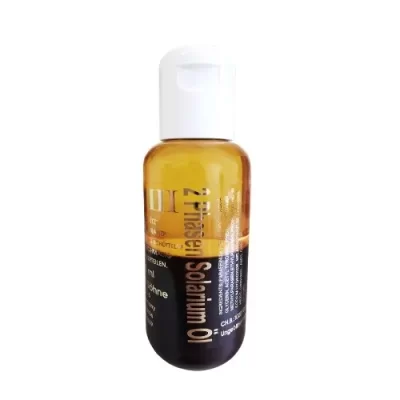 Golden Brown Melanin Oil 100ml dvifazis soliariumo aliejus - gintarinės ir rudos spalvos ampulė su melaninu, vitaminais A, C, E, B5, kolagenu, pantenoliu ir alavijais intensyviam ir ilgalaikiam veido bei kūno įdegiui