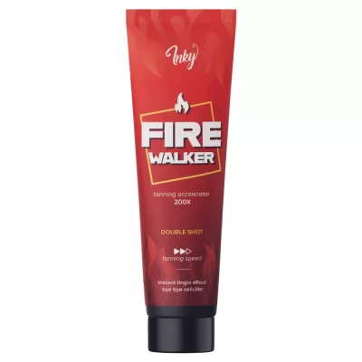 Inky Fire Walker 200x intensifier 150ml soliariumo losjonas - raudona pakuotė su liepsnos simboliu, maksimalaus stiprumo dilgčiojantis losjonas su arbūzų ir mėtų aromatu, anticeliulitine formule greitam įdegiui ir kūno formų tobulinimui