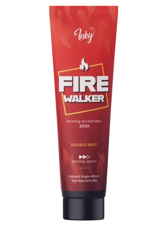 Inky Fire Walker 200x intensifier 150ml soliariumo losjonas - raudona pakuotė su liepsnos simboliu, maksimalaus stiprumo dilgčiojantis losjonas su arbūzų ir mėtų aromatu, anticeliulitine formule greitam įdegiui ir kūno formų tobulinimui