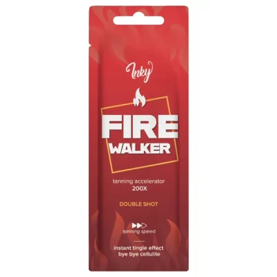 Inky Fire Walker 200x intensifier 15ml soliariumo losjonas - raudona pakuotė su liepsnos simboliu, maksimalaus stiprumo dilgčiojantis losjonas su arbūzų ir mėtų aromatu, anticeliulitine formule greitam įdegiui ir kūno formų tobulinimui