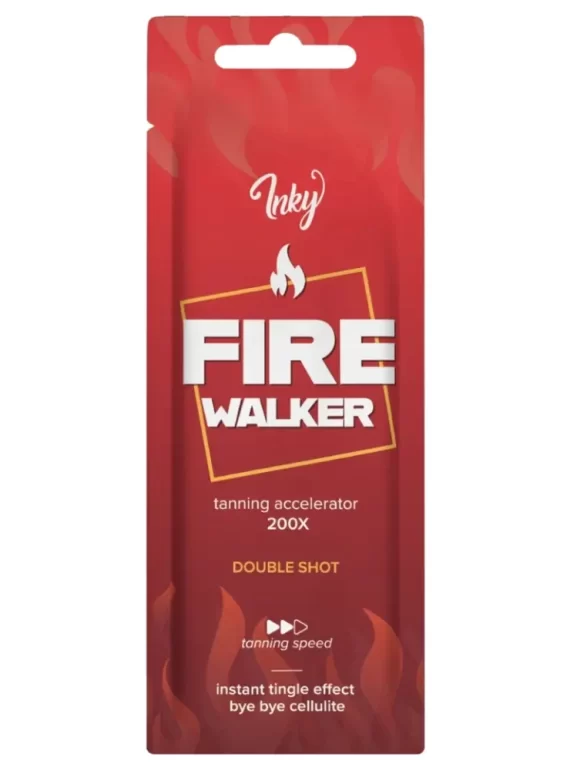 Inky Fire Walker 200x intensifier 15ml soliariumo losjonas - raudona pakuotė su liepsnos simboliu, maksimalaus stiprumo dilgčiojantis losjonas su arbūzų ir mėtų aromatu, anticeliulitine formule greitam įdegiui ir kūno formų tobulinimui