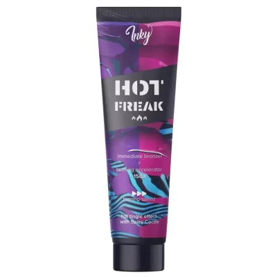 Inky Hot Freak 150x bronzer 150ml soliariumo kremas - juoda pakuotė su violetiniais ir rožiniais akcentais, su aštria kakavos formule (kakava, cinamonas, baltieji pipirai, imbieras) ir dilgčiojimo efektu greitesniam įdegiui kūnui