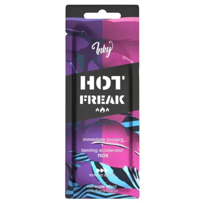 Inky Hot Freak 150x bronzer 15ml soliariumo kremas - juoda pakuotė su violetiniais ir rožiniais akcentais, su aštria kakavos formule (kakava, cinamonas, baltieji pipirai, imbieras) ir dilgčiojimo efektu greitesniam įdegiui kūnui