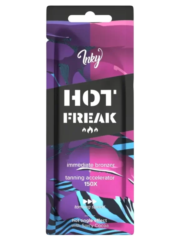 Inky Hot Freak 150x bronzer 15ml soliariumo kremas - juoda pakuotė su violetiniais ir rožiniais akcentais, su aštria kakavos formule (kakava, cinamonas, baltieji pipirai, imbieras) ir dilgčiojimo efektu greitesniam įdegiui kūnui