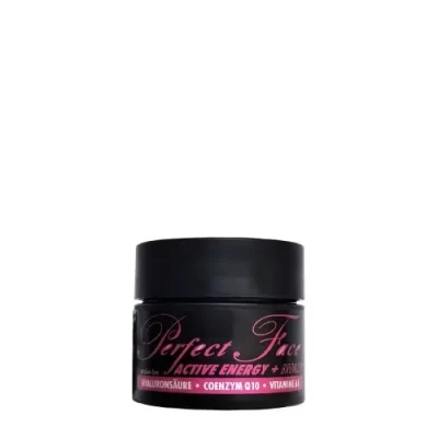 Perfect Face Active Energy 15ml veido kremas-bronzantas - juodas indelis su rožiniais užrašais, su OPC-OL kompleksu, cukranendrių ekstraktu, amarantu, DHA, taukmedžio ir kakavos sviestais bei argano aliejumi intensyviam įdegiui ir odos regeneracijai