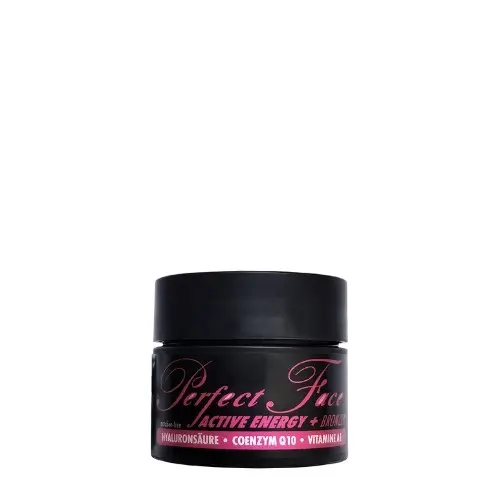 Perfect Face Active Energy 15ml veido kremas-bronzantas - juodas indelis su rožiniais užrašais, su OPC-OL kompleksu, cukranendrių ekstraktu, amarantu, DHA, taukmedžio ir kakavos sviestais bei argano aliejumi intensyviam įdegiui ir odos regeneracijai