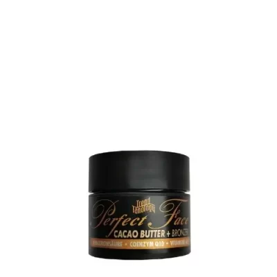 Perfect Face Cacao Butter 15ml veido kremas-bronzantas - juodas indelis su auksiniais užrašais, su kakavos ir taukmedžio sviestais, hialuronu, kofermentu Q10, karamele ir DHA bronzantu greitam įdegiui ir intensyviai veido odos priežiūrai