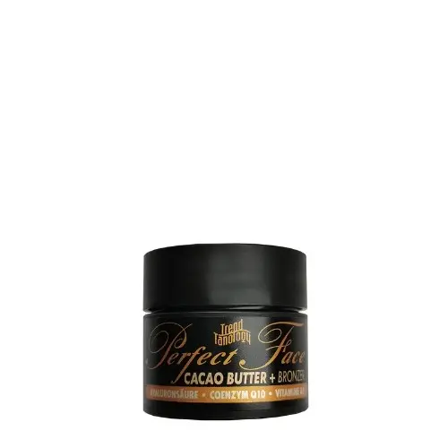 Perfect Face Cacao Butter 15ml veido kremas-bronzantas - juodas indelis su auksiniais užrašais, su kakavos ir taukmedžio sviestais, hialuronu, kofermentu Q10, karamele ir DHA bronzantu greitam įdegiui ir intensyviai veido odos priežiūrai