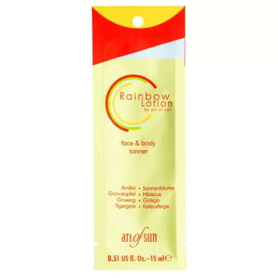 Art of Sun Rainbow lotion 15ml universalus soliariumo losjonas - geltona pakuotė su raudonu akcentu, su aštuoniais natūraliais ekstraktais (ženšenis, kaktusų figa, centelė, kinrožės, granatai, ginkmedis, saulėgrąžos, arnika) veido ir kūno įdegiui