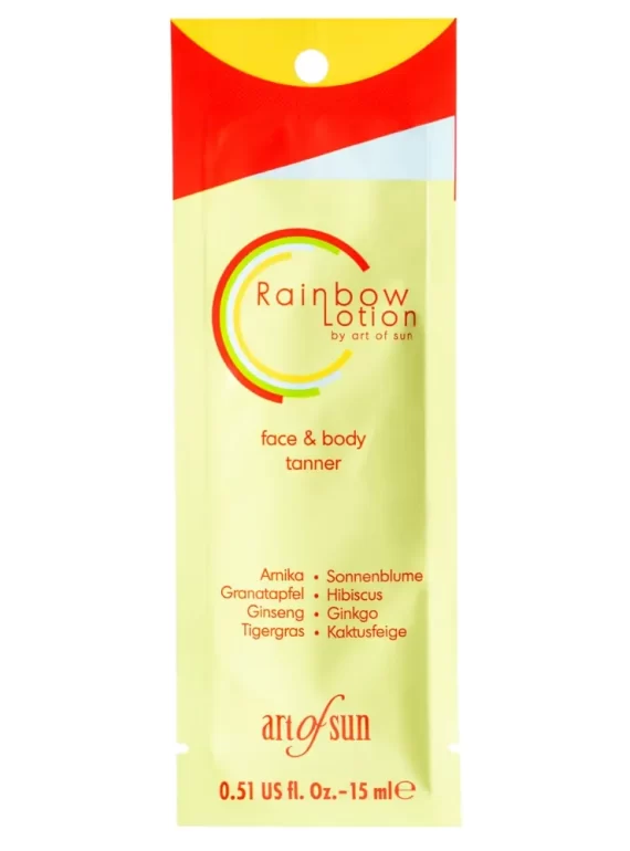 Art of Sun Rainbow lotion 15ml universalus soliariumo losjonas - geltona pakuotė su raudonu akcentu, su aštuoniais natūraliais ekstraktais (ženšenis, kaktusų figa, centelė, kinrožės, granatai, ginkmedis, saulėgrąžos, arnika) veido ir kūno įdegiui