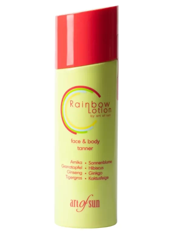 Art of Sun Rainbow lotion 200ml universalus soliariumo losjonas - geltona pakuotė su raudonu akcentu, su aštuoniais natūraliais ekstraktais (ženšenis, kaktusų figa, centelė, kinrožės, granatai, ginkmedis, saulėgrąžos, arnika) veido ir kūno įdegiui