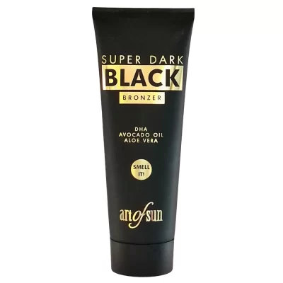 Art of Sun Super Dark Black Bronzer intensyvaus įdegio soliariumo kremas 125ml - juoda pakuotė su aukso detalėmis, praturtintas DHA, avokadų aliejumi ir alavijų ekstraktu