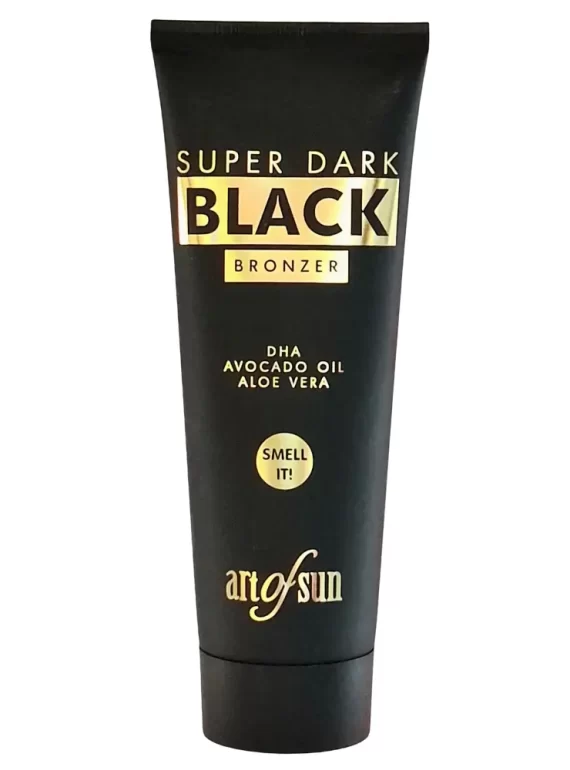 Art of Sun Super Dark Black Bronzer intensyvaus įdegio soliariumo kremas 125ml - juoda pakuotė su aukso detalėmis, praturtintas DHA, avokadų aliejumi ir alavijų ekstraktu