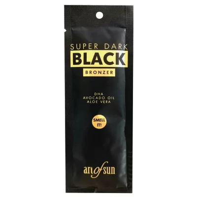 Art of Sun Super Dark Black Bronzer intensyvaus įdegio soliariumo kremas 15ml - juoda pakuotė su aukso detalėmis, praturtintas DHA, avokadų aliejumi ir alavijų ekstraktu