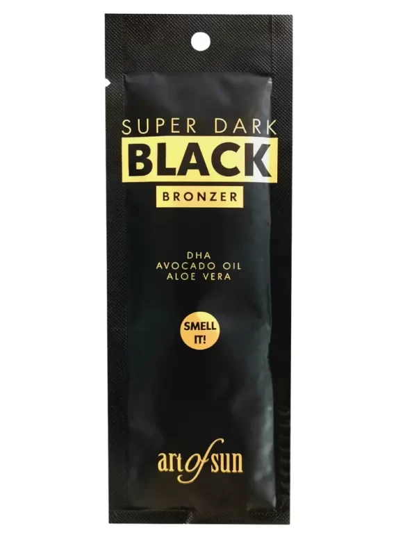 Art of Sun Super Dark Black Bronzer intensyvaus įdegio soliariumo kremas 15ml - juoda pakuotė su aukso detalėmis, praturtintas DHA, avokadų aliejumi ir alavijų ekstraktu