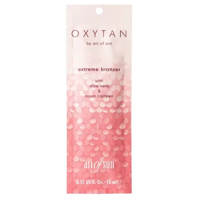 Art of Sun Oxytan Extreme Bronzer 15ml soliariumo kremas - rožinė pakuotė su koriniu dizainu, praturtintas deguonies kompleksu, sojos, kviečių gemalų ir vynuogių ekstraktais, alavijais ir kaktuso ekstraktu odos jaunystei ir intensyviam įdegiui
