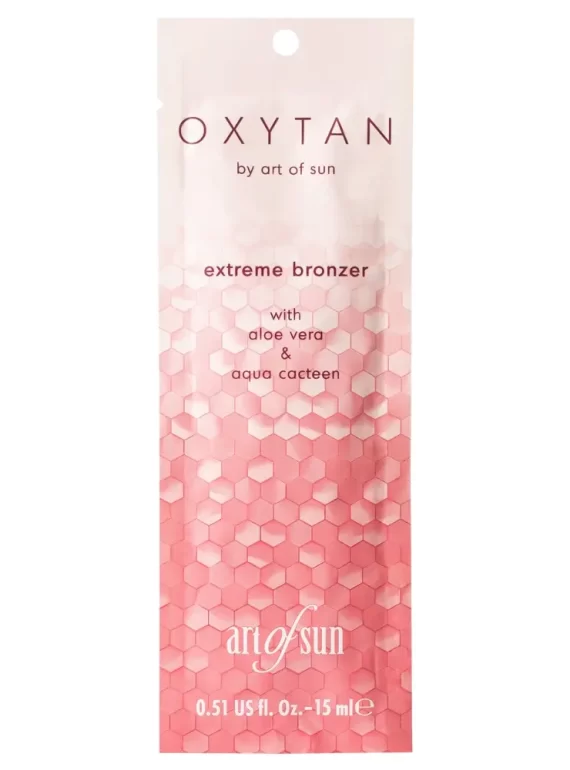 Art of Sun Oxytan Extreme Bronzer 15ml soliariumo kremas - rožinė pakuotė su koriniu dizainu, praturtintas deguonies kompleksu, sojos, kviečių gemalų ir vynuogių ekstraktais, alavijais ir kaktuso ekstraktu odos jaunystei ir intensyviam įdegiui