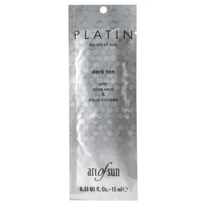 Art of Sun Platin Dark Tan 15ml premium intensyvaus įdegio kremas - sidabrinė pakuotė su koriniu dizainu, praturtintas alavijų ir kaktuso ekstraktais intensyviam įdegiui ir odos drėkinimui