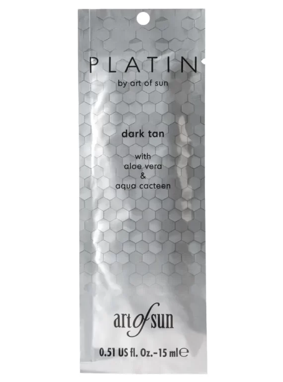 Art of Sun Platin Dark Tan 15ml premium intensyvaus įdegio kremas - sidabrinė pakuotė su koriniu dizainu, praturtintas alavijų ir kaktuso ekstraktais intensyviam įdegiui ir odos drėkinimui