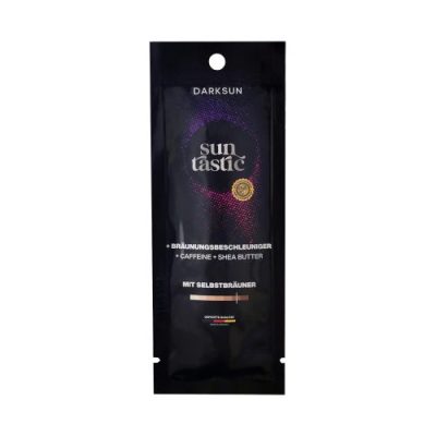 Darksun Sun Tastic C-Shea Butter 15ml soliariumo kremas - juoda pakuotė su violetiniu taškiniu apskritimu, praturtintas kofeinu ir taukmedžio sviestu bei augaliniais aliejais (kanapių, persikų, graikinių riešutų, saulėgrąžų) intensyviam ir ilgalaikiam įdegiui