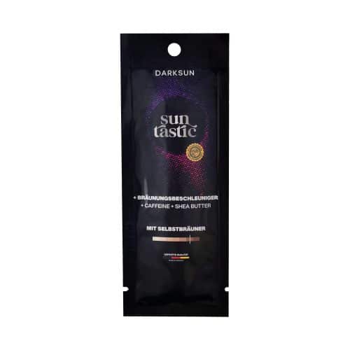 Darksun Sun Tastic C-Shea Butter 15ml soliariumo kremas - juoda pakuotė su violetiniu taškiniu apskritimu, praturtintas kofeinu ir taukmedžio sviestu bei augaliniais aliejais (kanapių, persikų, graikinių riešutų, saulėgrąžų) intensyviam ir ilgalaikiam įdegiui