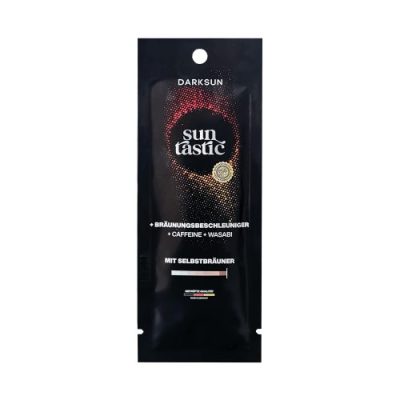 Darksun Sun Tastic C-Wasabi 15ml soliariumo kremas - juoda pakuotė su raudonu taškiniu apskritimu, praturtintas kofeinu ir wasabi ekstraktu bei augaliniais aliejais (kanapių, persikų, graikinių riešutų, saulėgrąžų) intensyviam ir ilgalaikiam įdegiui