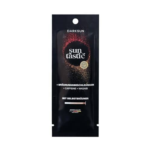 Darksun Sun Tastic C-Wasabi 15ml soliariumo kremas - juoda pakuotė su raudonu taškiniu apskritimu, praturtintas kofeinu ir wasabi ekstraktu bei augaliniais aliejais (kanapių, persikų, graikinių riešutų, saulėgrąžų) intensyviam ir ilgalaikiam įdegiui