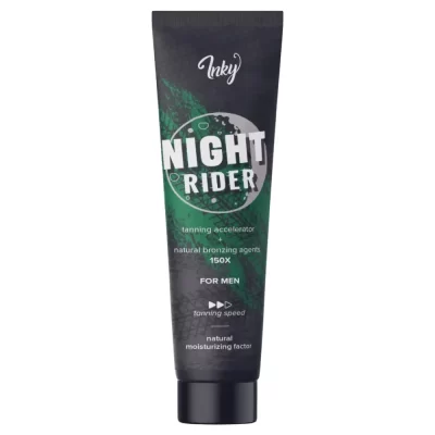 Inky Night Rider 150x bronzer 150ml vyriškas soliariumo kremas - juoda pakuotė su žaliu apskritimu, su natūraliais bronzantais ir drėkinančiais ingredientais, kalnų aromatu greitam įdegiui ir odos priežiūrai