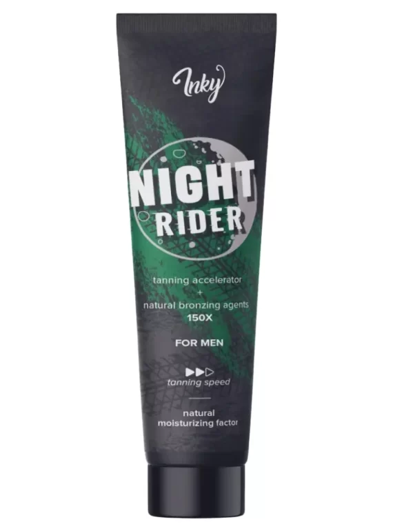 Inky Night Rider 150x bronzer 150ml vyriškas soliariumo kremas - juoda pakuotė su žaliu apskritimu, su natūraliais bronzantais ir drėkinančiais ingredientais, kalnų aromatu greitam įdegiui ir odos priežiūrai