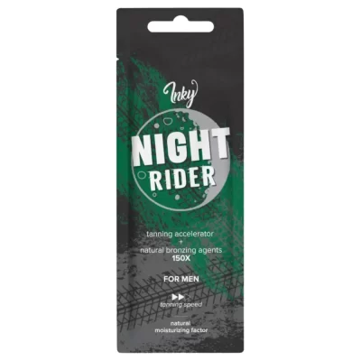Inky Night Rider 150x bronzer 15ml vyriškas soliariumo kremas - juoda pakuotė su žaliu apskritimu, su natūraliais bronzantais ir drėkinančiais ingredientais, kalnų aromatu greitam įdegiui ir odos priežiūrai