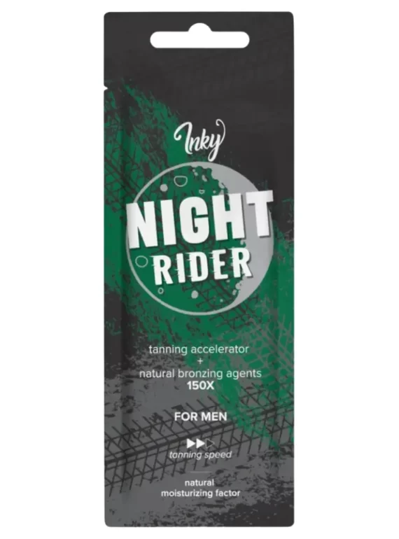 Inky Night Rider 150x bronzer 15ml vyriškas soliariumo kremas - juoda pakuotė su žaliu apskritimu, su natūraliais bronzantais ir drėkinančiais ingredientais, kalnų aromatu greitam įdegiui ir odos priežiūrai